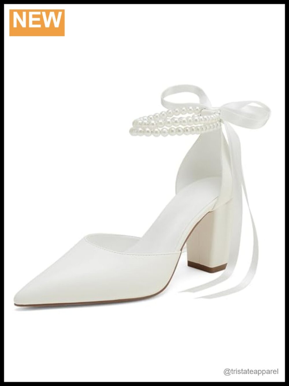Pearl Satin Wedding Heels with Bow, Chunky Block High Heels for Bride